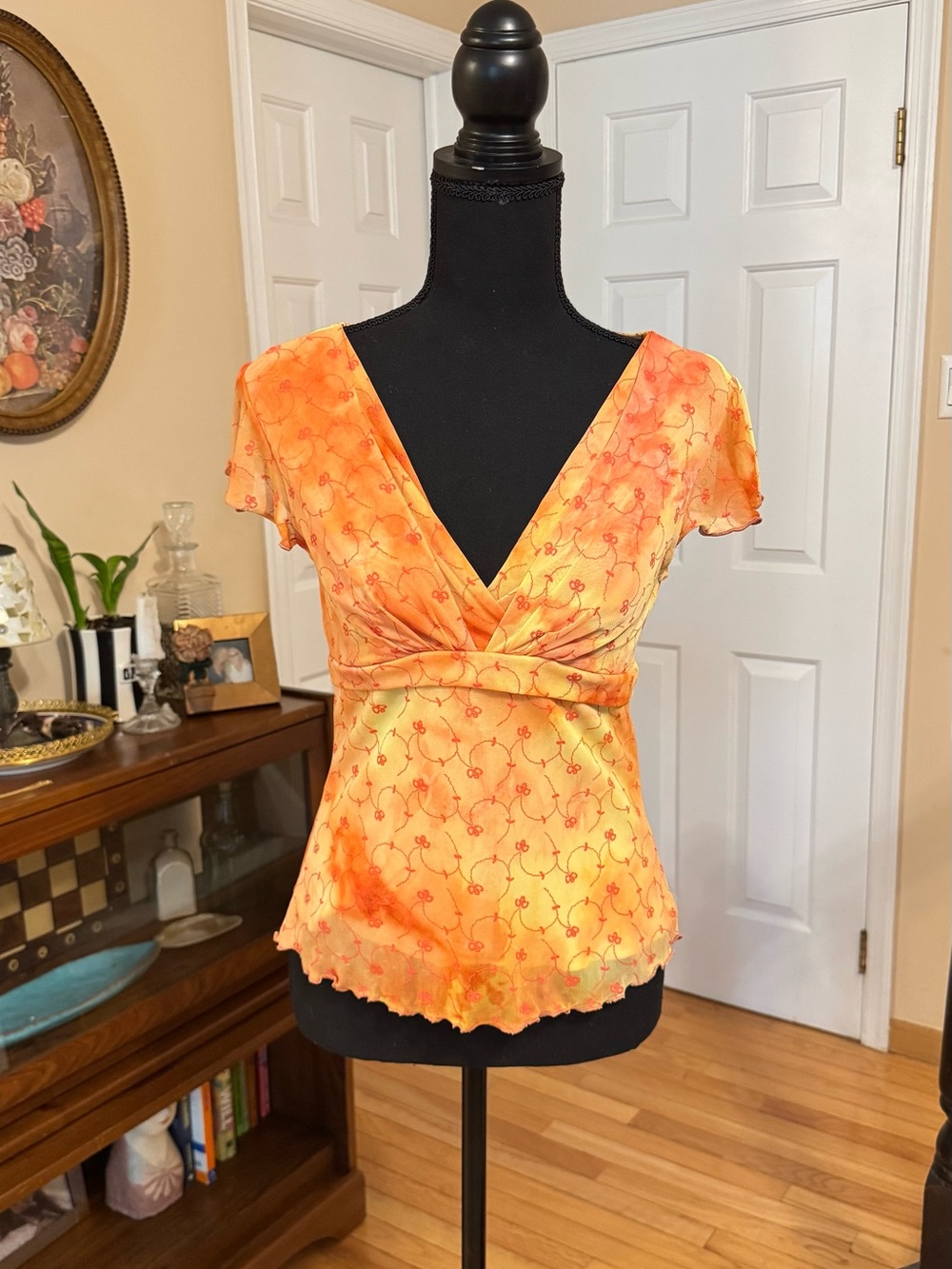 La Belle Y2K Yellow & Orange V-Neck Twist Front Floral Blouse Size Large